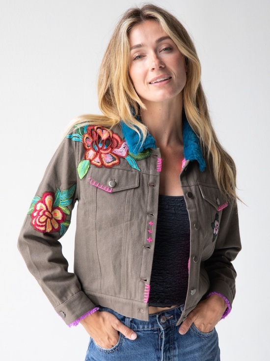 NATURAL LIFE Jackets & Blazers - Natural Life Tara Embellished Jacket Embroidered Faux Fur Olive Green Purple XL